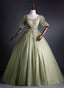 Light Green Tulle With Gold Lace Short Sleeves Formal Dress, Light Green Sweet 16 Gown