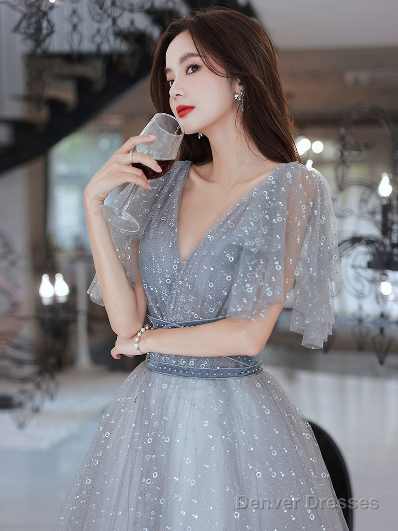Light Grey A-Line Tulle Long Evening Dress Prom Dress, V-Neckline Party Dress Secondary image