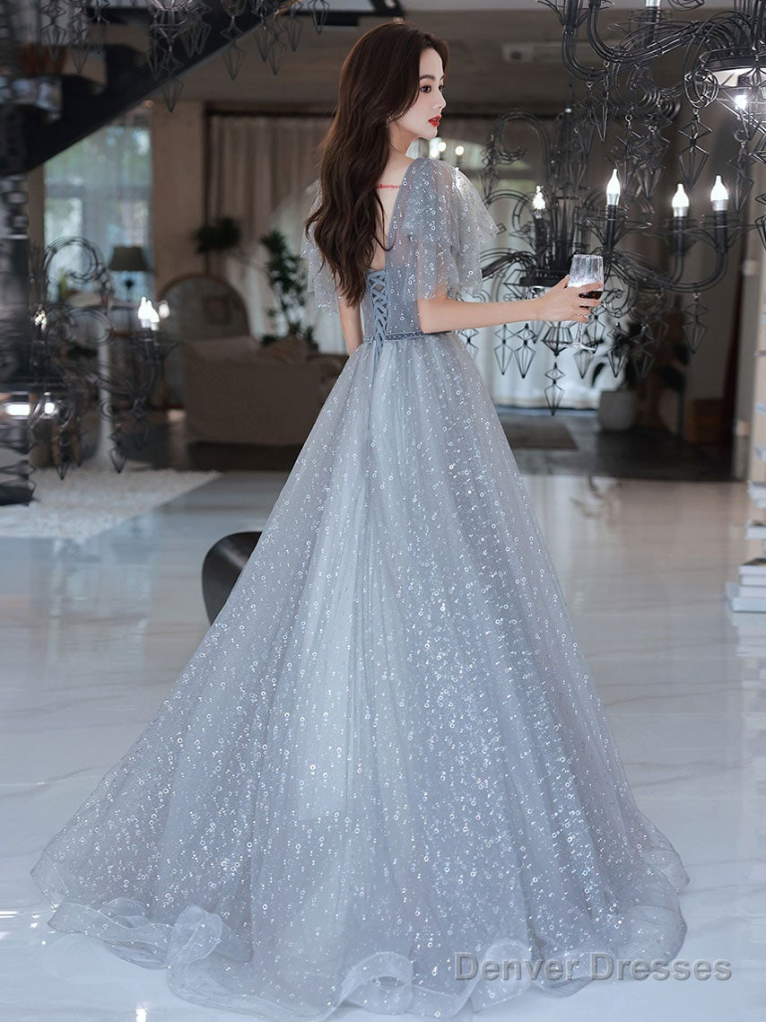 Light Grey A-Line Tulle Long Evening Dress Prom Dress, V-Neckline Party Dress
