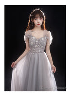 Light Grey Beaded Off Shoulder Tulle A-Line Junior Prom Dress, Grey Long Evening Dress