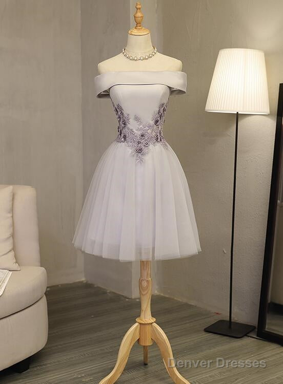 Light Grey Formal Dress, Off Shoulder Knee Length Prom Dress, Party Dress Main image