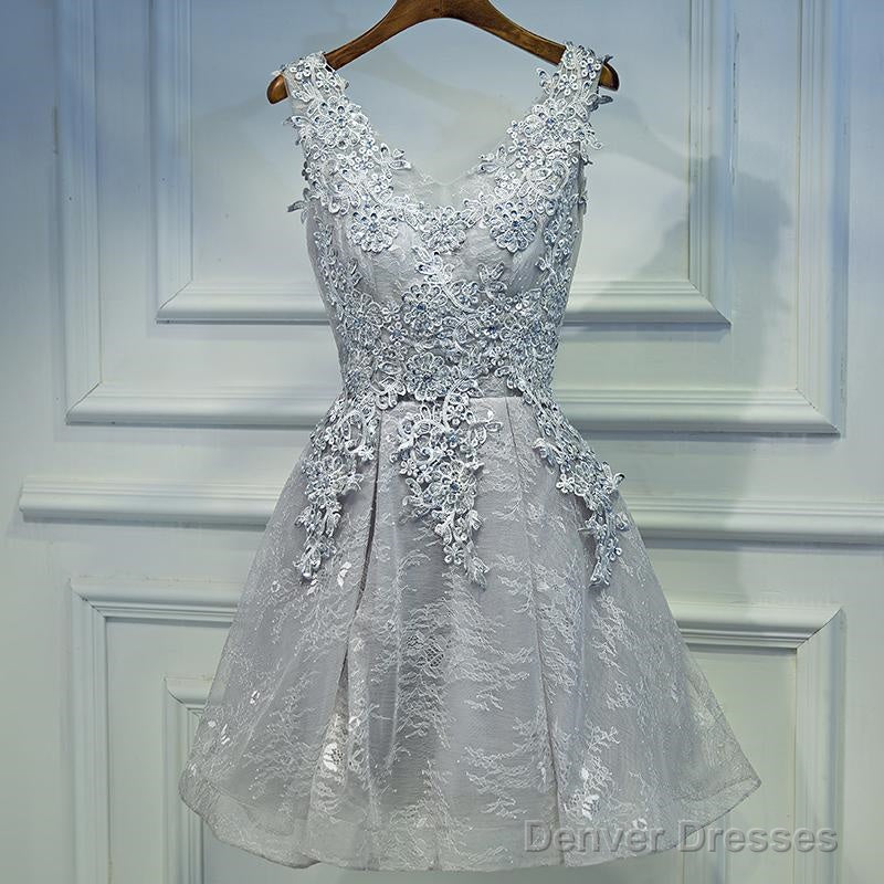 Light Grey Short V-Neckline Lace Applique Party Dress, Grey Homecoming Dress