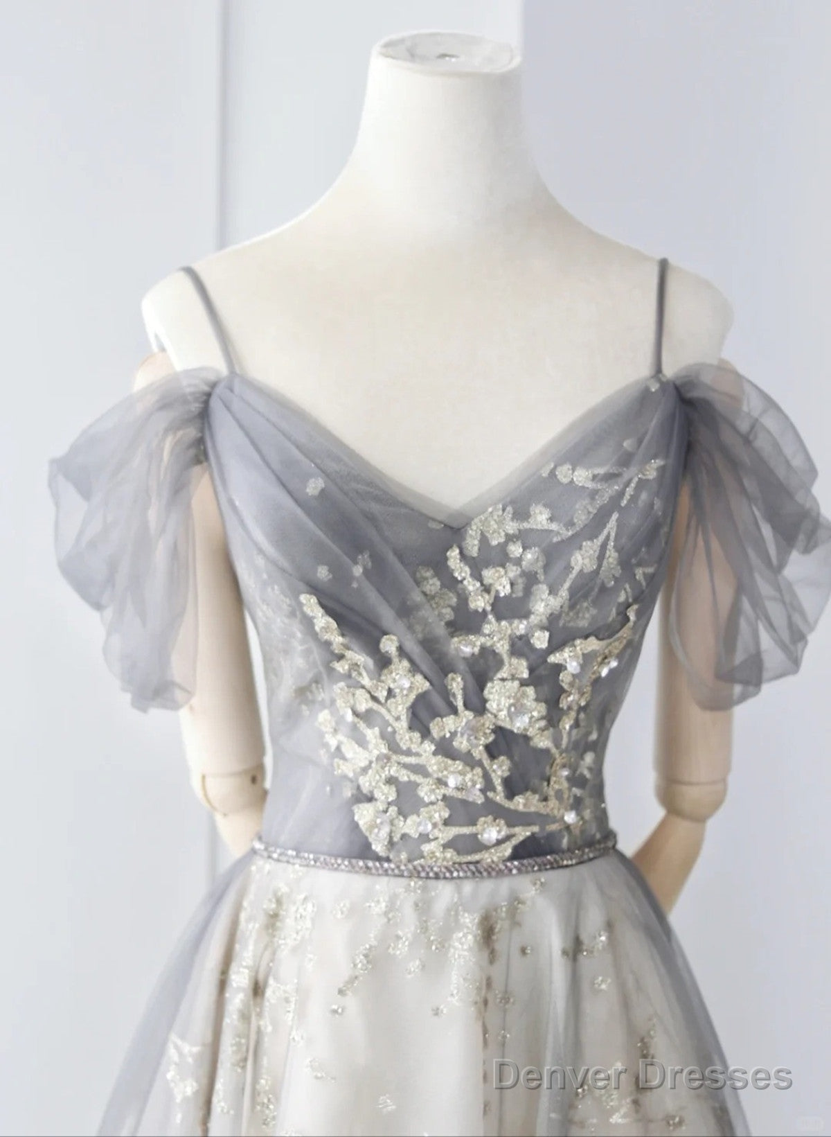 Light Grey Tulle A-Line Straps Long Party Dress, Grey Tulle Evening Dress Secondary image