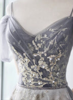 Light Grey Tulle A-Line Straps Long Party Dress, Grey Tulle Evening Dress
