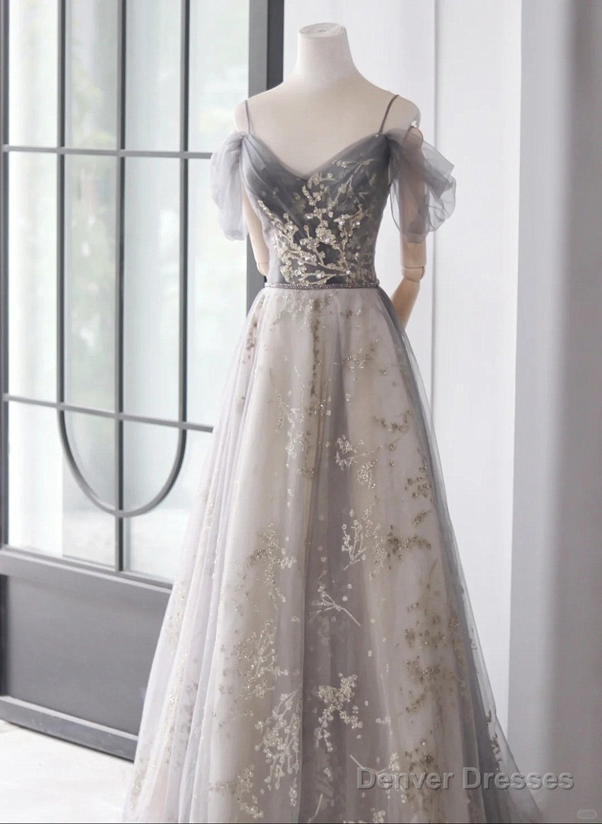 Light Grey Tulle A-Line Straps Long Party Dress, Grey Tulle Evening Dress Main image
