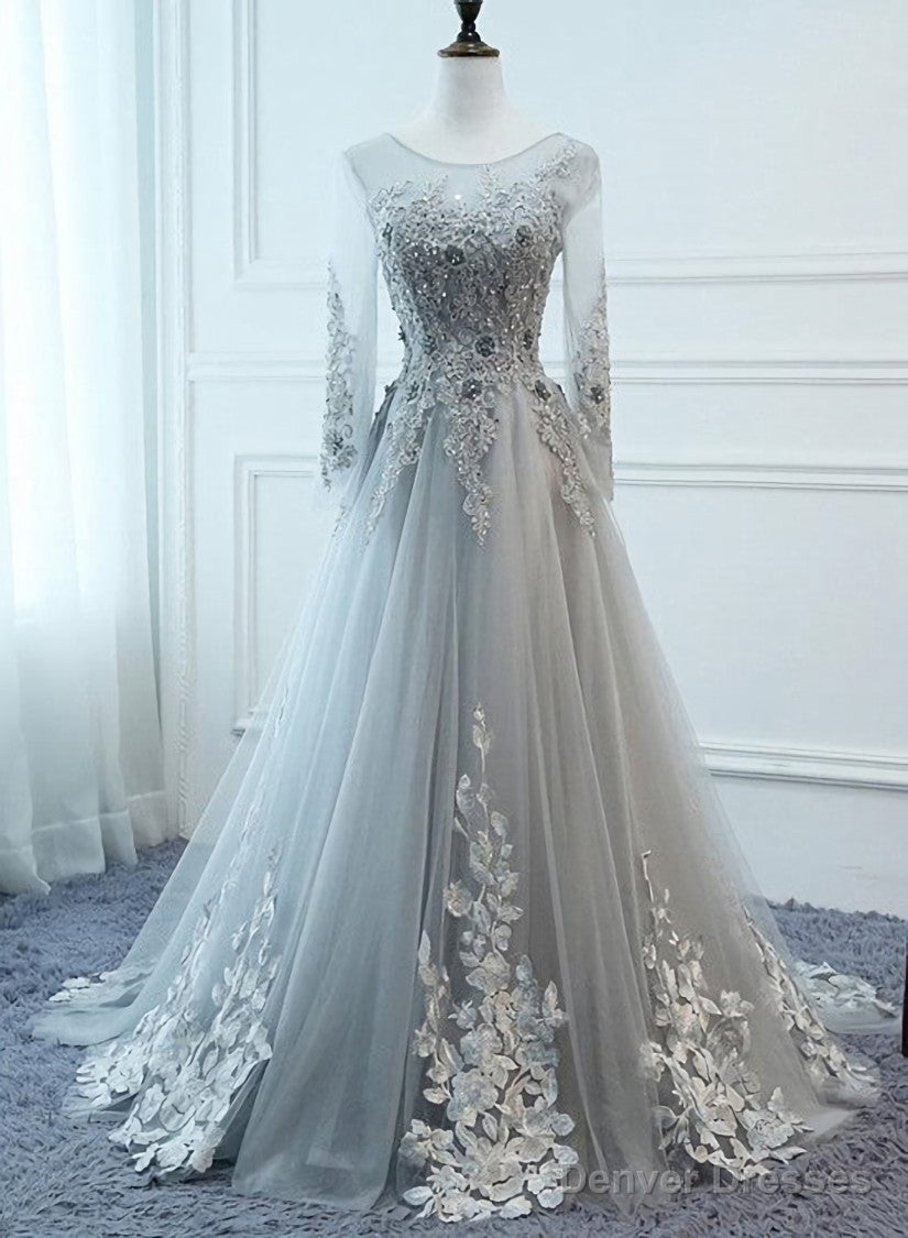 Light Grey Tulle Long Sleeves A-line Prom Dress, Grey Party Dress Formal Dress Main image