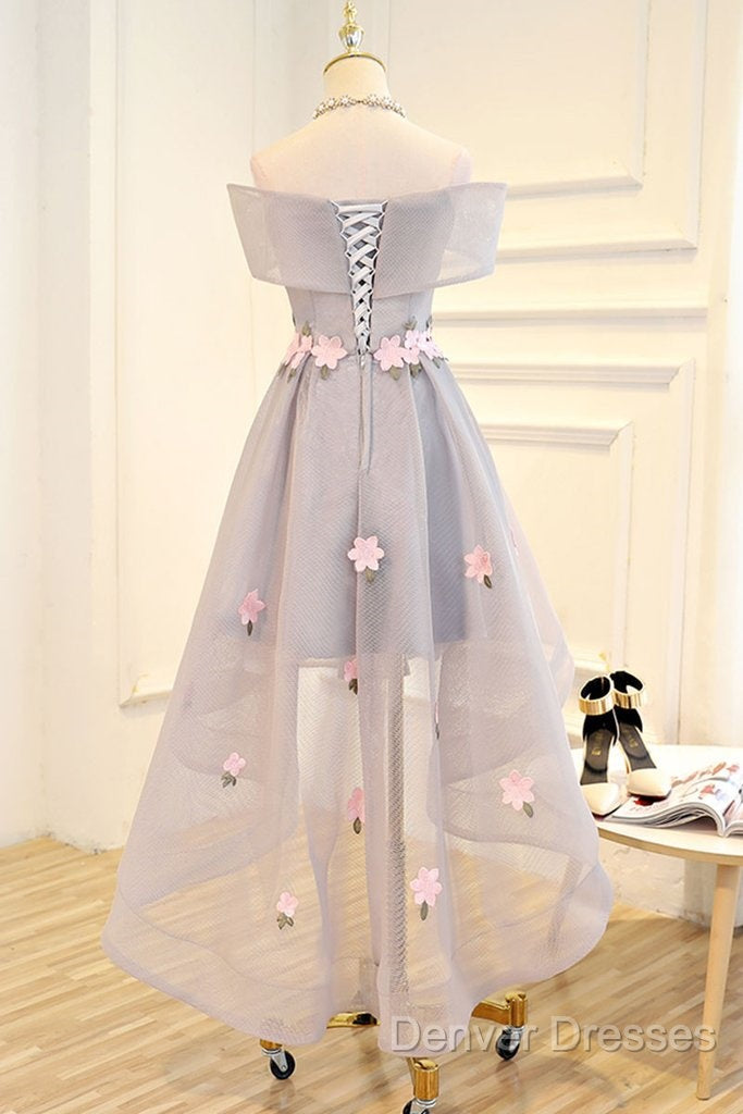 Light Grey Tulle With Flowers High Low Fashionable Party Dress, Grey Homecoming Dress