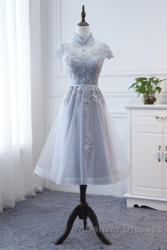 Light Grey Tulle With Lace Short Party Dress Homecoming Dress, Cap Sleeves Formal Dress Secondary image