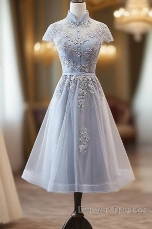 Light Grey Tulle With Lace Short Party Dress Homecoming Dress, Cap Sleeves Formal Dress Main image