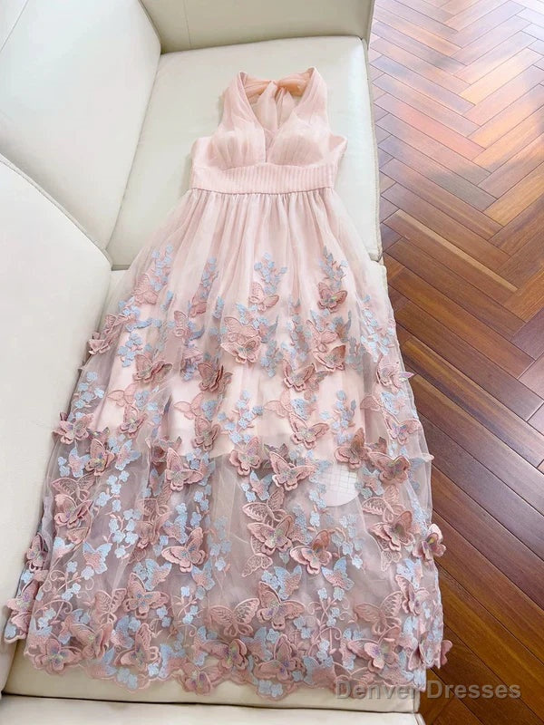 Light Pink A Line Halter Butterfly Appliques Tulle Prom Dress Evening Dress Secondary image