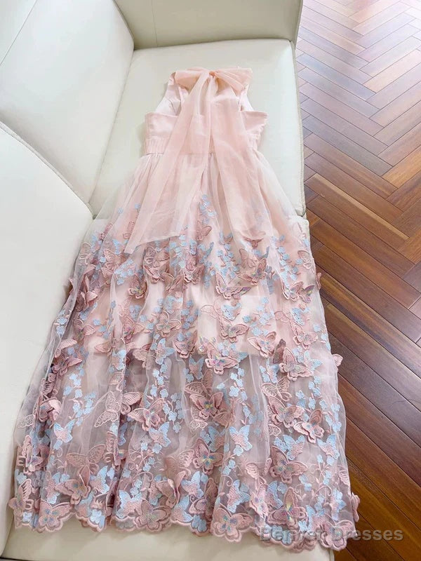 Light Pink A Line Halter Butterfly Appliques Tulle Prom Dress Evening Dress