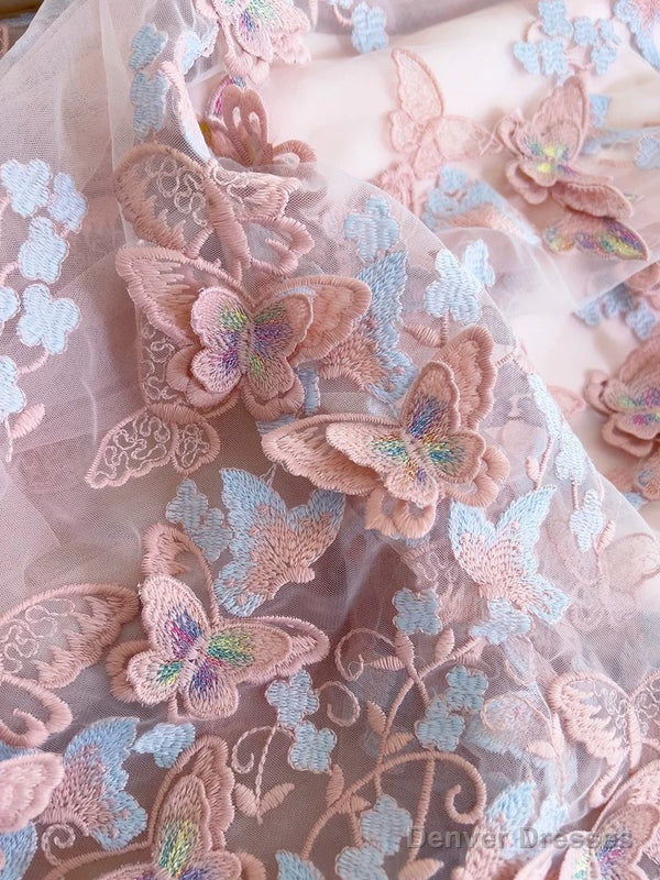 Light Pink A Line Halter Butterfly Appliques Tulle Prom Dress Evening Dress