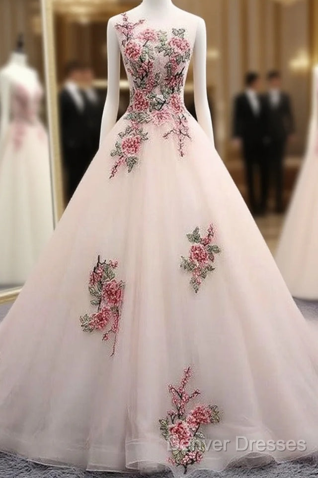 Light Pink Ball Gown Quinceanera Dress With Flowers Embroidery, Pink Tulle And Organza Party Dress