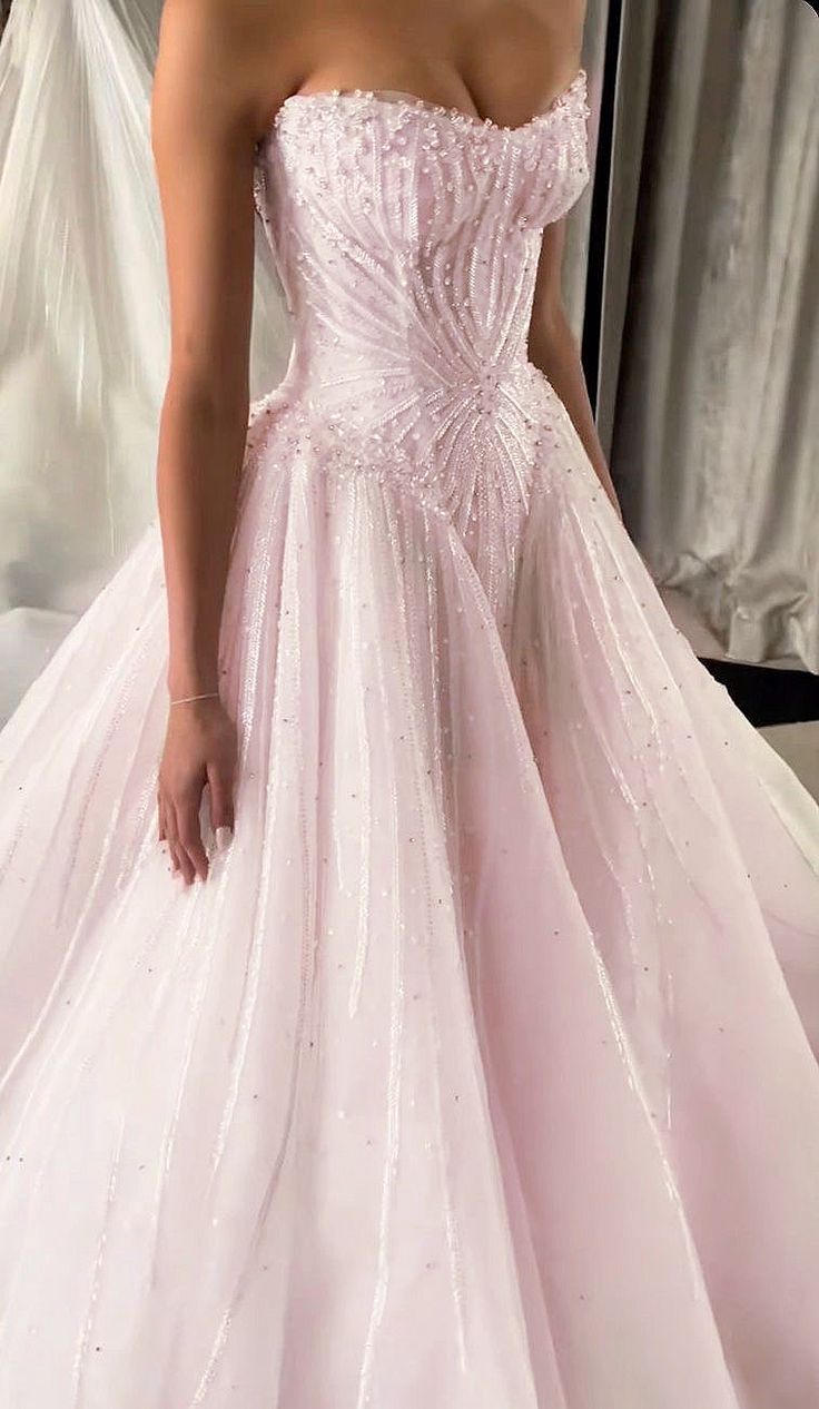 Light Pink Ball Gown Strapless Beaded Sequin Tulle Prom Dress 18Th Birthday Dress Main image