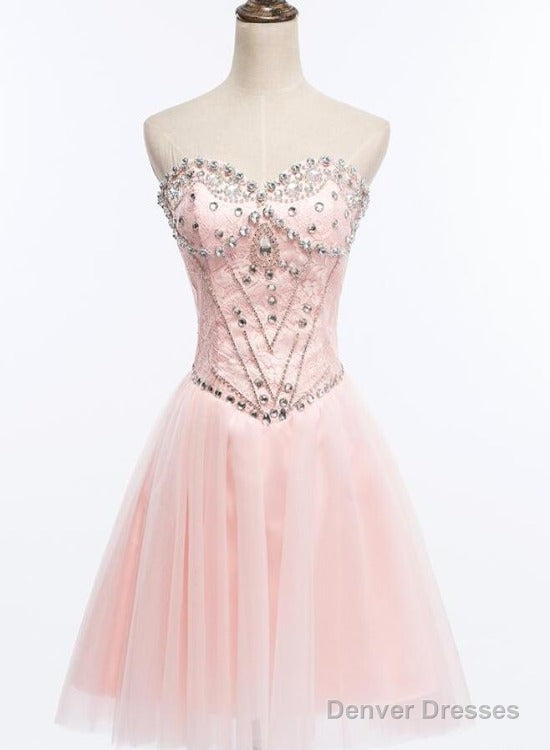 Light Pink Beaded Tulle And Lace Sweetheart Homecoming Dress, Pink Tulle Prom Dress