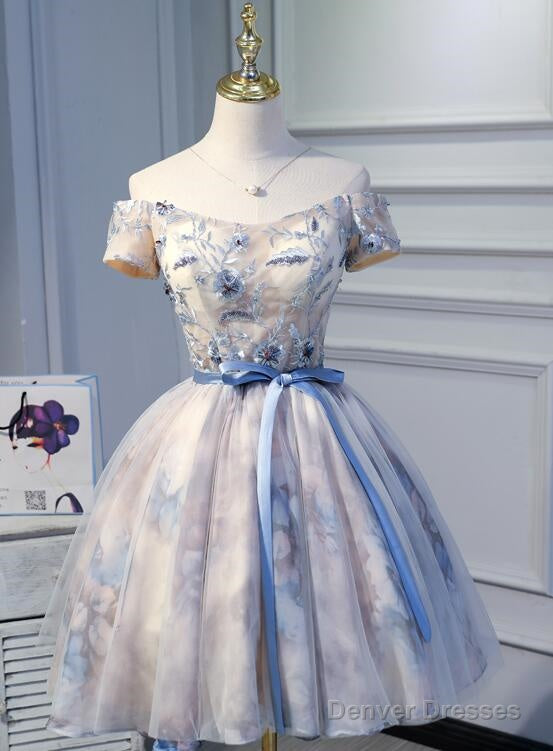 Light Pink Cute Short Tulle With Floral Lace Homecoming Dress, Short Prom Dress Graduation Dress Main image