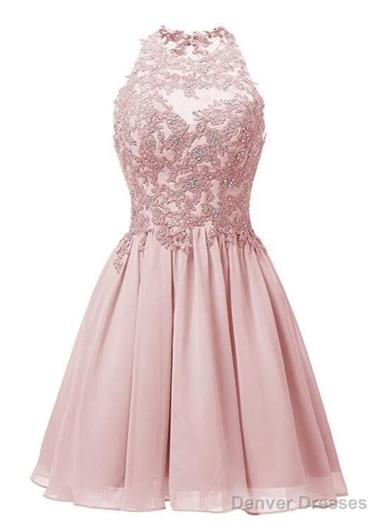 Light Pink Halter Chiffon Lace Applique Party Dress, Handmade Formal Dress Main image