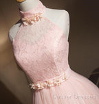 Light Pink Halter Tulle And Lace Lovely Knee Length Formal Dress, Cute Party Dress, Pink Prom Dress