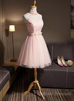 Light Pink Halter Tulle And Lace Lovely Knee Length Formal Dress, Cute Party Dress, Pink Prom Dress