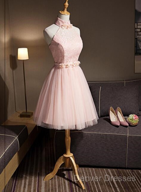 Light Pink Halter Tulle And Lace Lovely Knee Length Formal Dress, Cute Party Dress, Pink Prom Dress