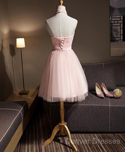 Light Pink Halter Tulle And Lace Lovely Knee Length Formal Dress, Cute Party Dress, Pink Prom Dress