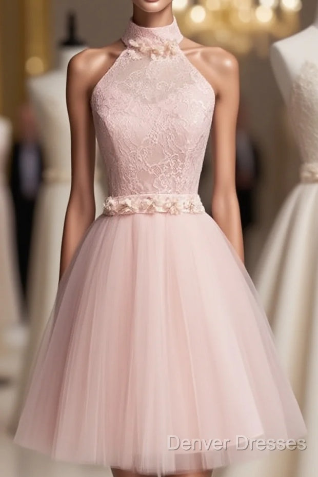 Light Pink Halter Tulle And Lace Lovely Knee Length Formal Dress, Cute Party Dress, Pink Prom Dress
