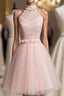 Light Pink Halter Tulle And Lace Lovely Knee Length Formal Dress, Cute Party Dress, Pink Prom Dress
