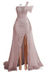 Light Pink Off Shoulder Mermaid Prom Dresses Luxurious Silver Bead Trumpet Formal Dresses