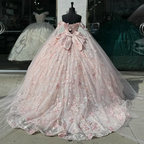Light Pink Quinceanera Dress Off-Shoulder Lace Appliques Ball Gown