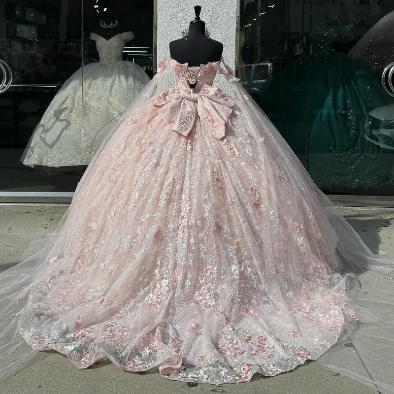 Light Pink Quinceanera Dress Off-Shoulder Lace Appliques Ball Gown