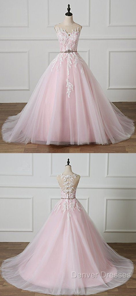Light Pink Scoop Neck Lace Applique Formal Prom Dress, Beaded Wedding Dress Secondary image