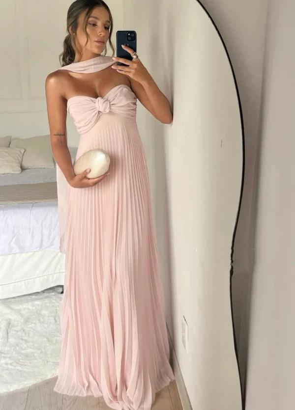 Light Pink Strapless Chiffon Long Prom Dress Evening Party Dress