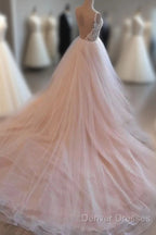 Light Pink Tulle Lace Long Prom Dress, Wedding Dress
