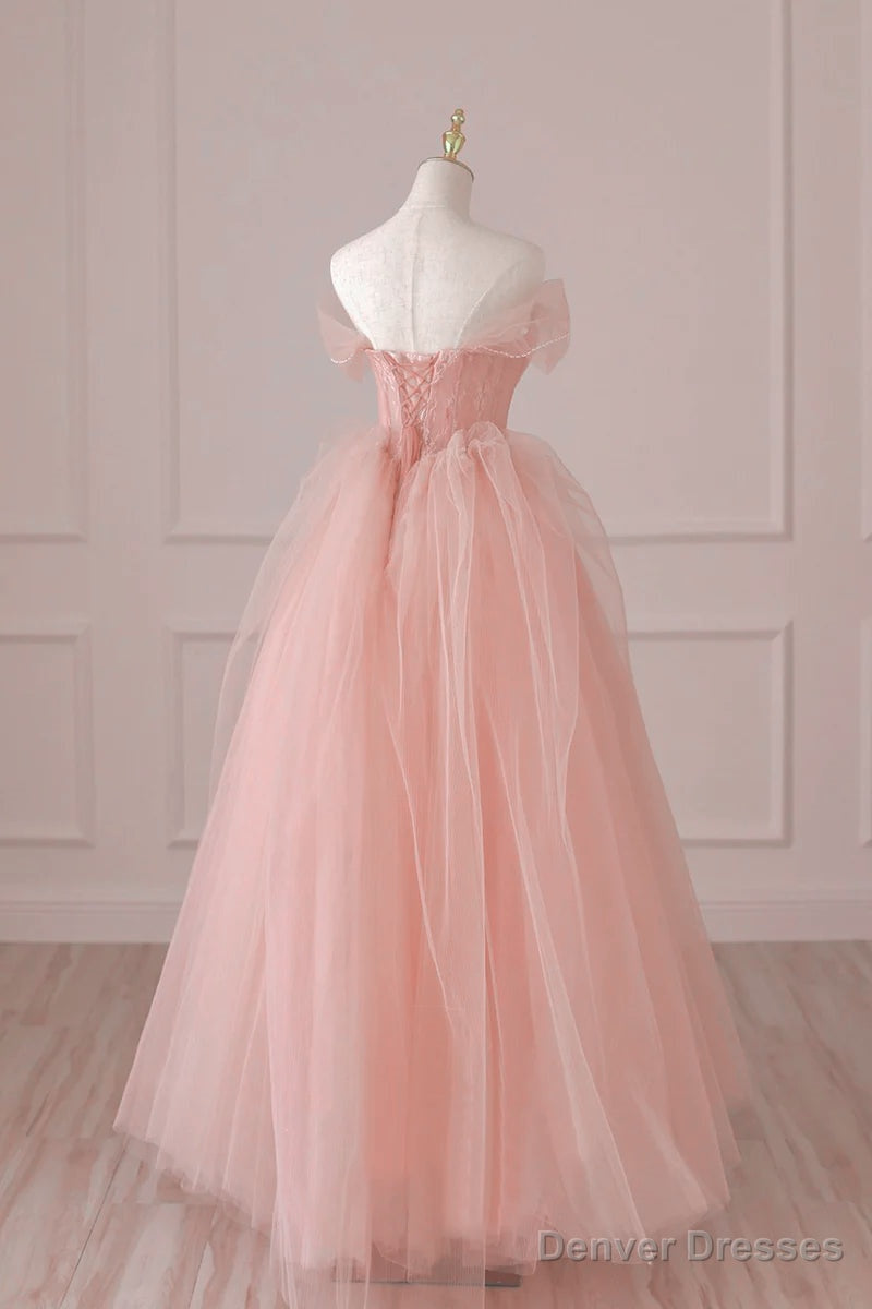 Light Pink Tulle Off Shoulder Lace and Beaded Prom Dress, Pink Formal Dress Secondary image