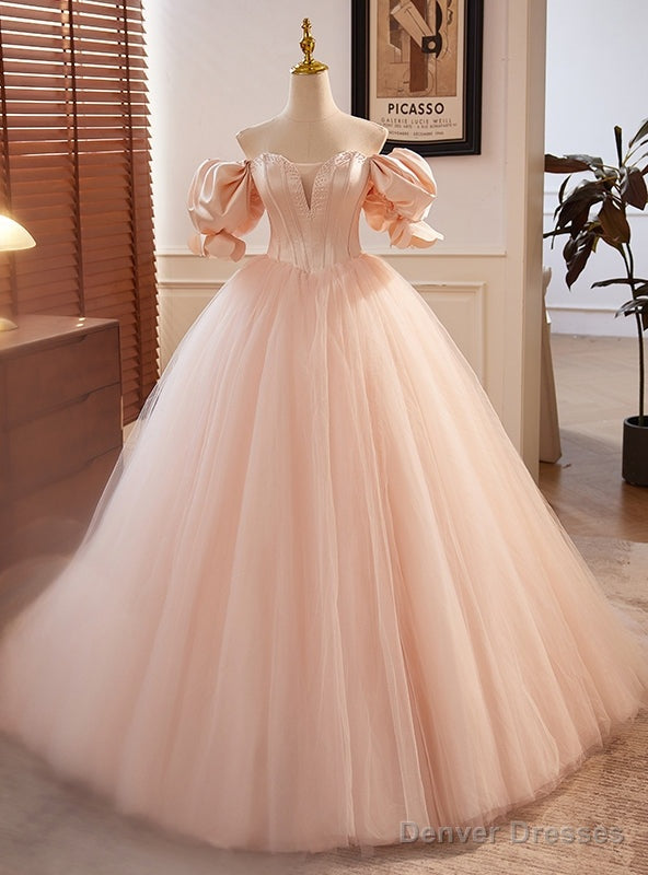 Light Pink Tulle Puff Sleeve Beading Prom Dress Main image