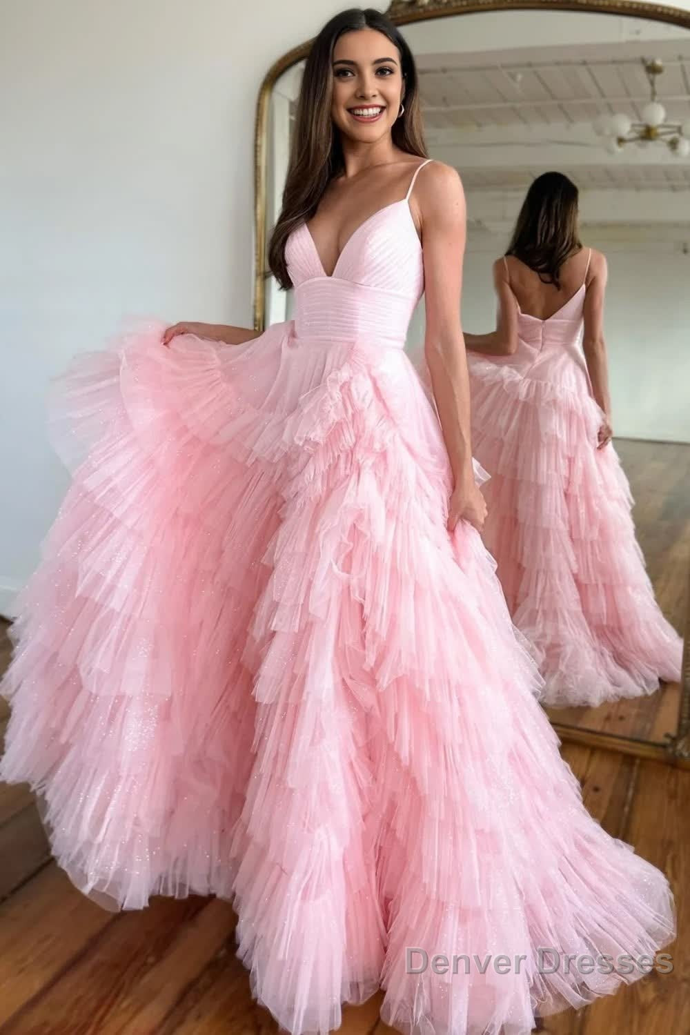 Light Pink Tulle Tiered A-Line Long Prom Dress Main image