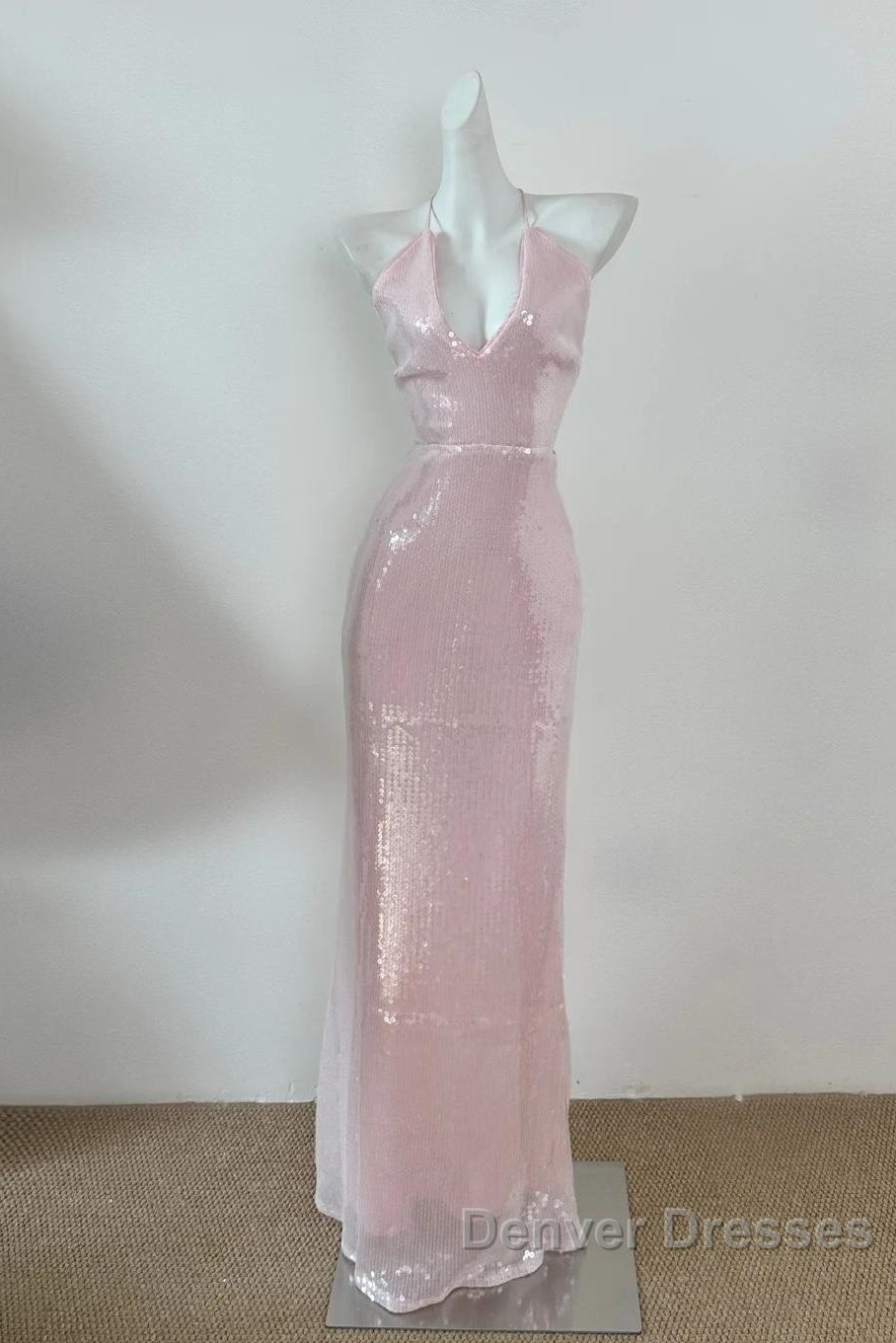 Light Pink V Neck Sheath Sequined Prom Dress Birthday Dress
