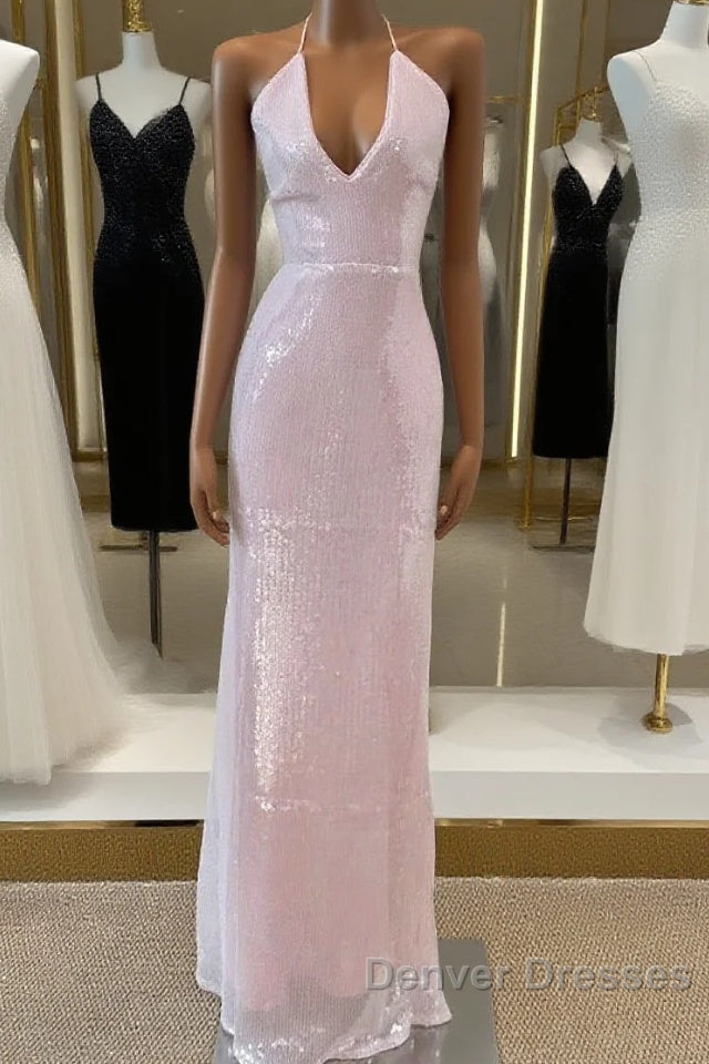 Light Pink V Neck Sheath Sequined Prom Dress Birthday Dress Main image