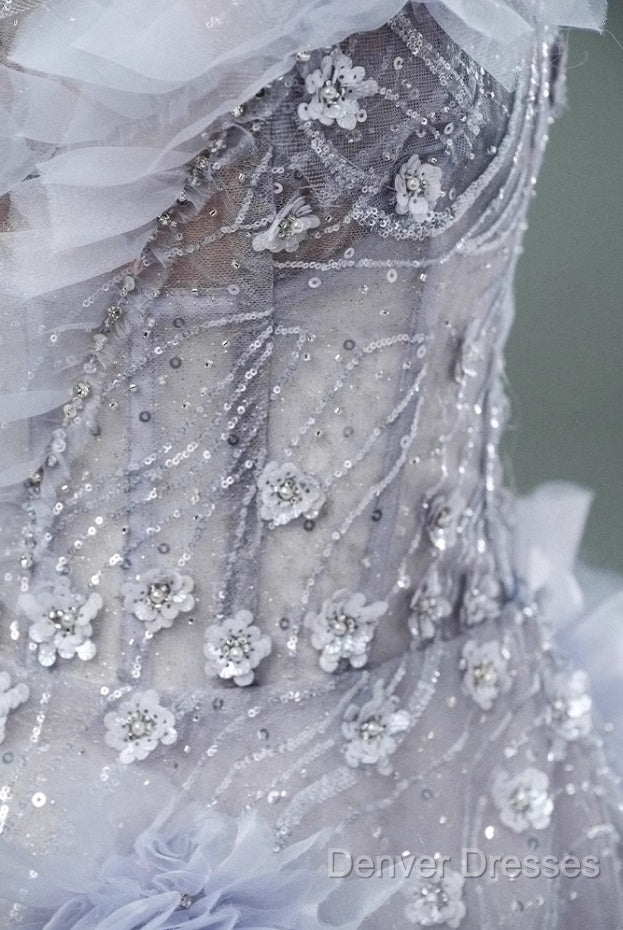 Light Purple A-Line Off-The-Shoulder Tulle Sequin Long Prom Dress, Sweet Appliqu Beaded Evening Dress