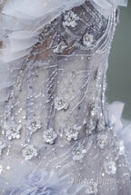 Light Purple A-Line Off-The-Shoulder Tulle Sequin Long Prom Dress, Sweet Appliqu Beaded Evening Dress
