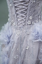 Light Purple A-Line Off-The-Shoulder Tulle Sequin Long Prom Dress, Sweet Appliqu Beaded Evening Dress