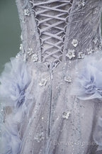 Light Purple A-Line Off-The-Shoulder Tulle Sequin Long Prom Dress, Sweet Appliqu Beaded Evening Dress