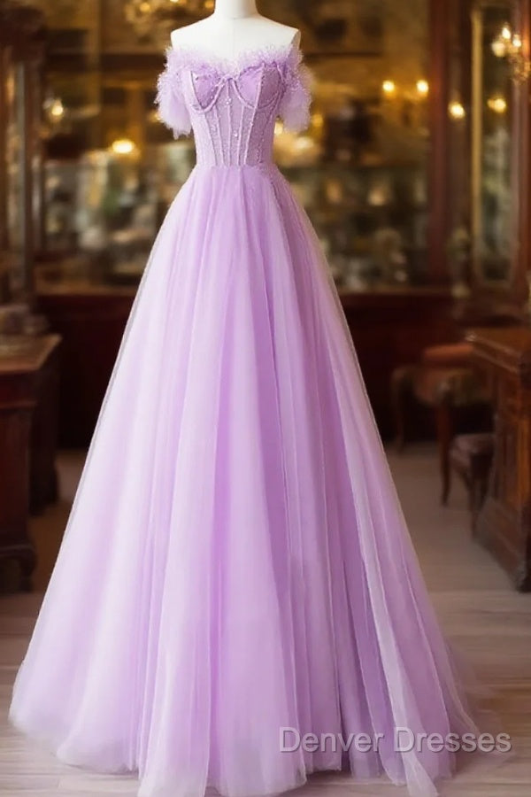 Light Purple A-Line Sweetheart Tulle Formal Dress, Light Purple Long Prom Dress Main image