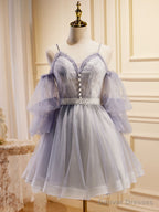 Light Purple A-Line Tulle Lace Short Prom Dresses, Light Purple Homecoming Dresses