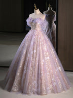 Light Purple A-Line Tulle With Floral Long Prom Dress, Light Purple Evening Dress Party Dress