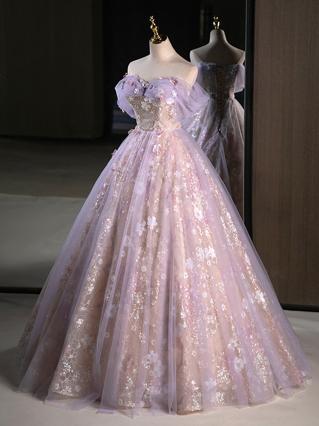 Light Purple A-Line Tulle With Floral Long Prom Dress, Light Purple Evening Dress Party Dress