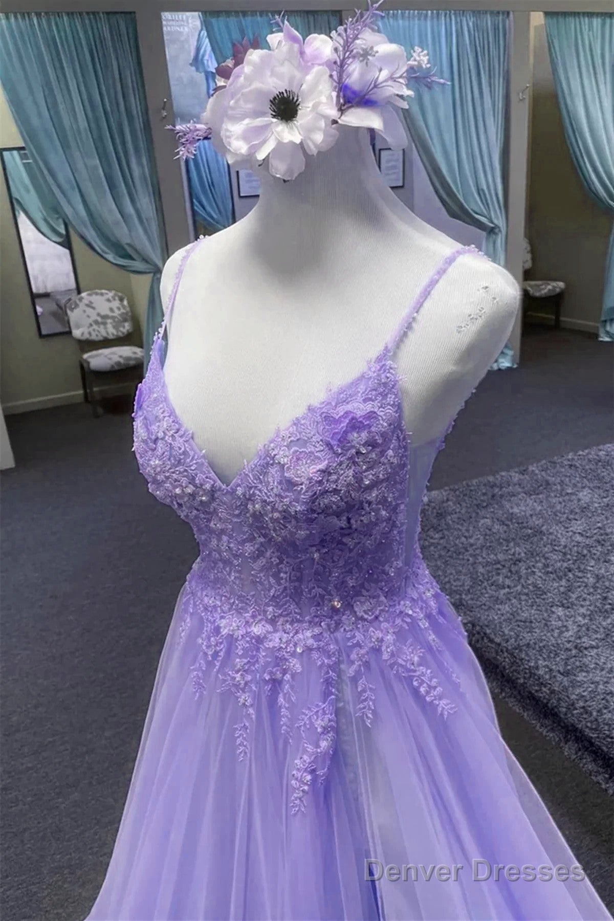 Light Purple A-Line Tulle With Lace Prom Dress, Light Purple Long Evening Dress Secondary image