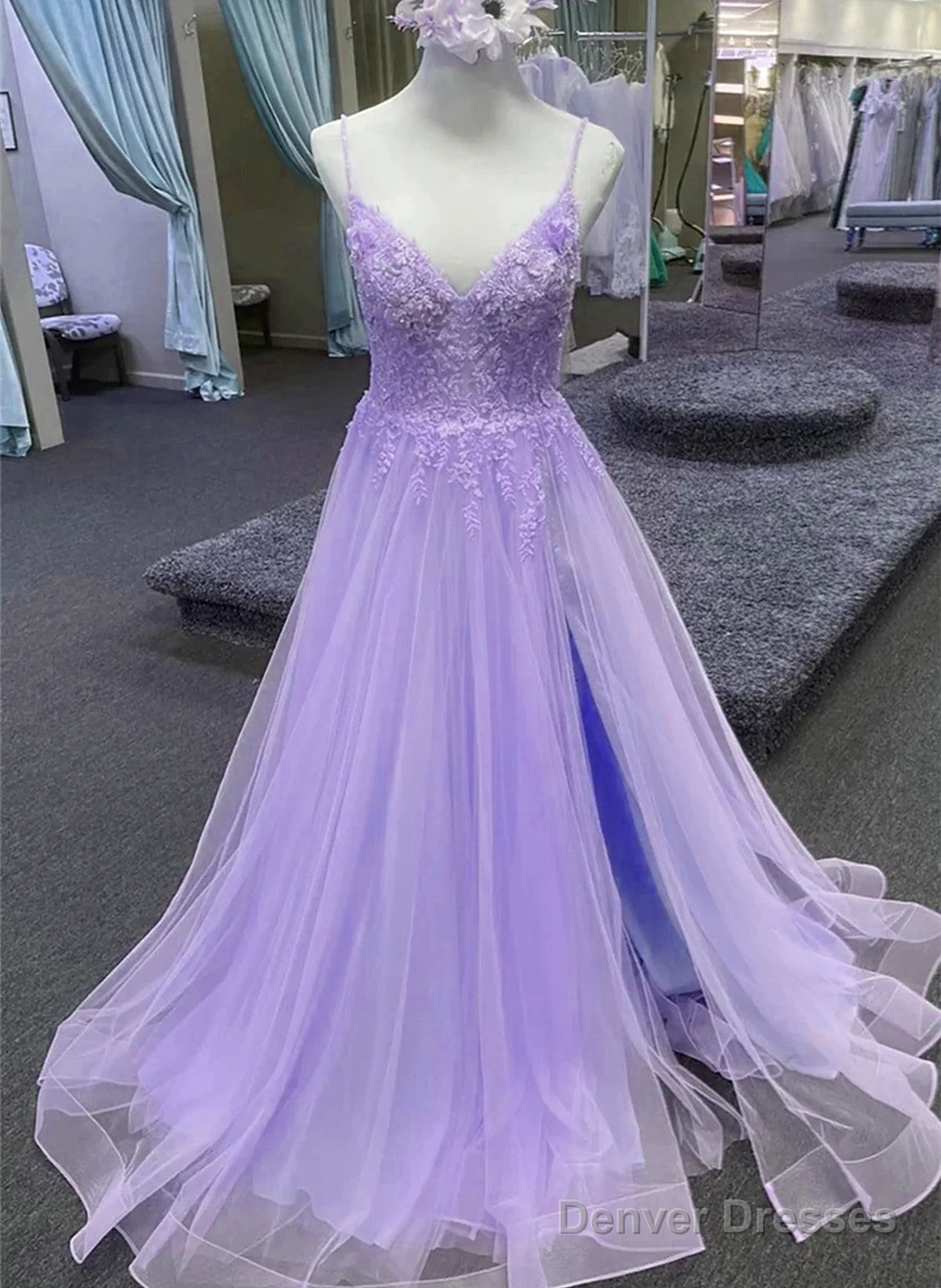 Light Purple A-Line Tulle With Lace Prom Dress, Light Purple Long Evening Dress Main image