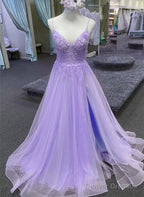 Light Purple A-Line Tulle With Lace Prom Dress, Light Purple Long Evening Dress