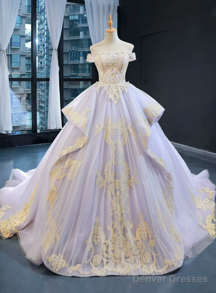 Light Purple Ball Gown Tulle Appliques Off the Shoulder Haute Couture Prom Dress Main image